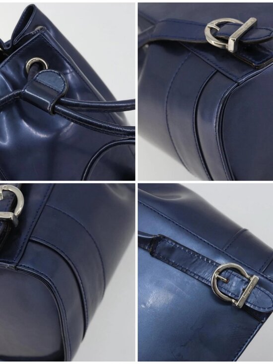 Salvatore Ferragamo Vala Backpack Patent leather Navy Silver Auth 175785